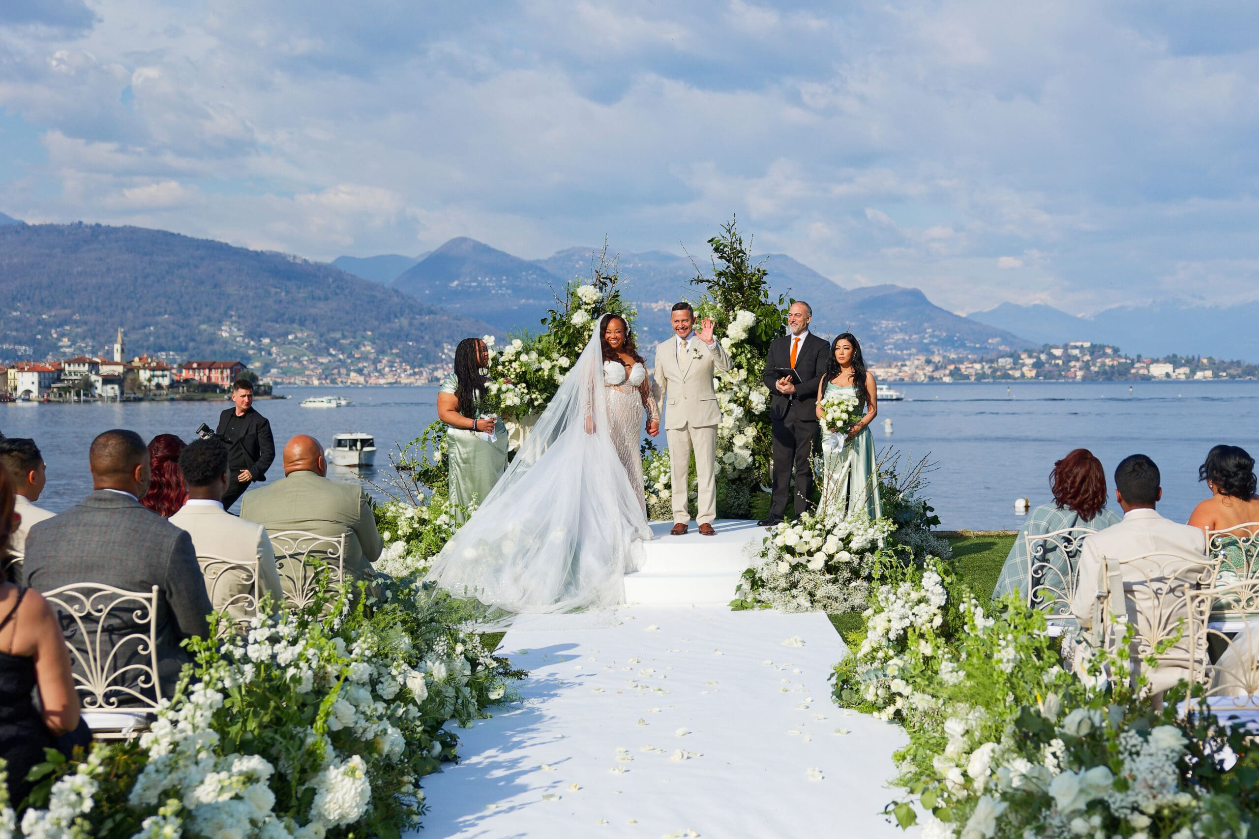 Outdoor symbolic wedding ceremony in Europe with guests gathered