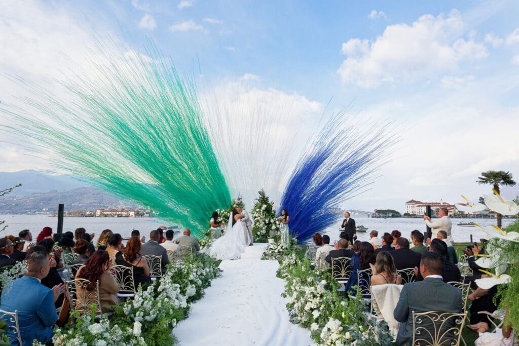smoke confetti cannon at a destination wedding ceremony