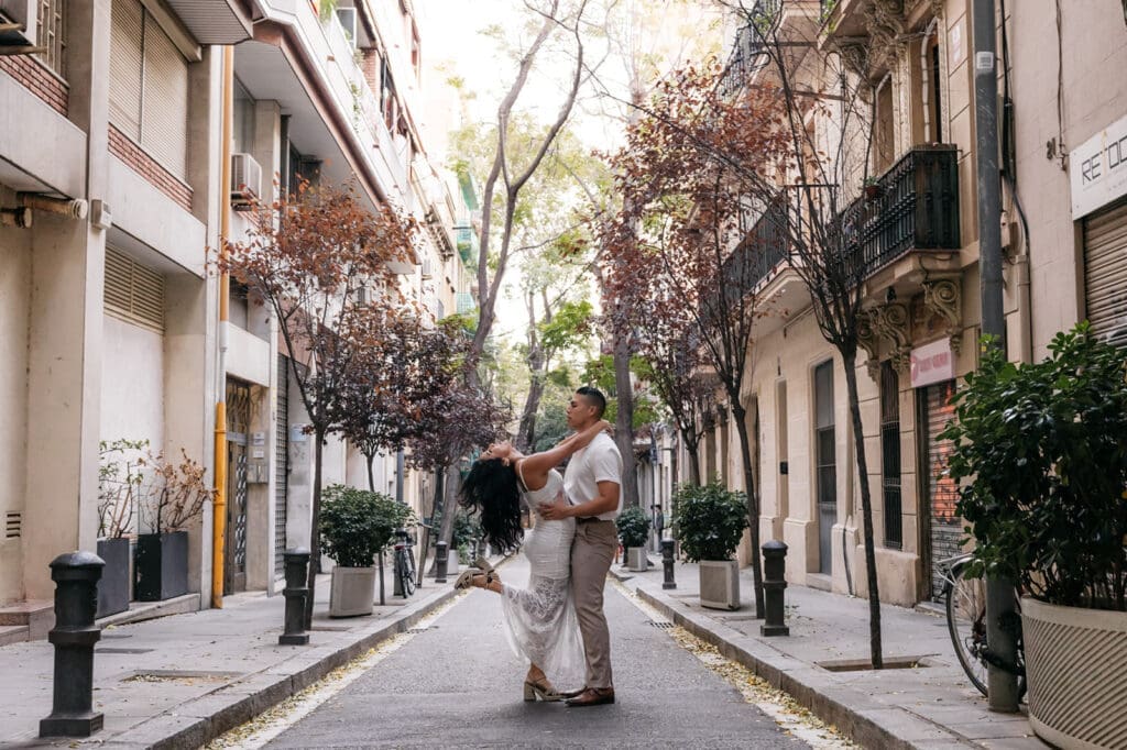 Couple exploring a historic European town during their destination wedding weekend.